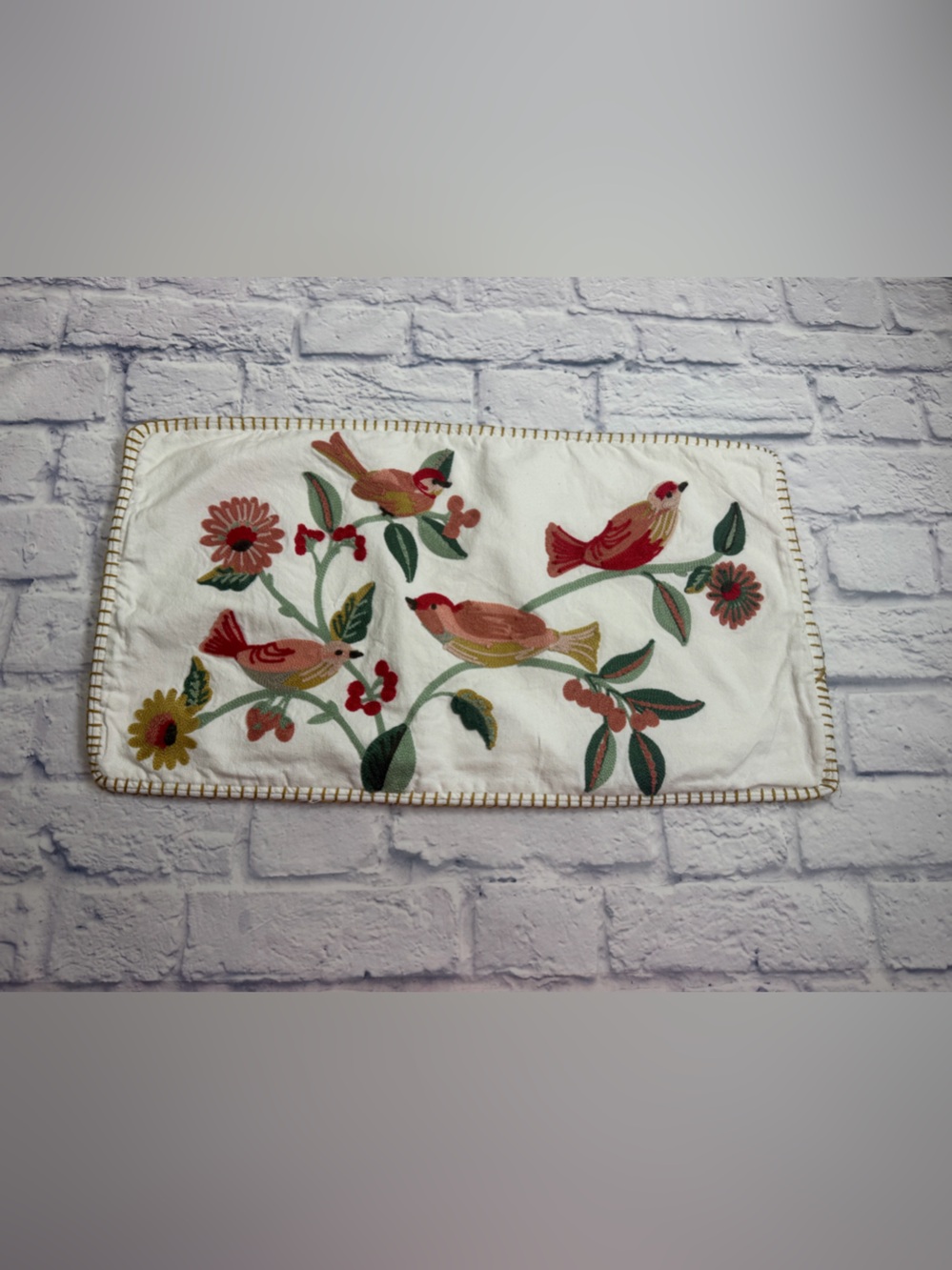 Nina Home Decorative Pillow Cover in Res Bird Embroidery White with Gold Trim